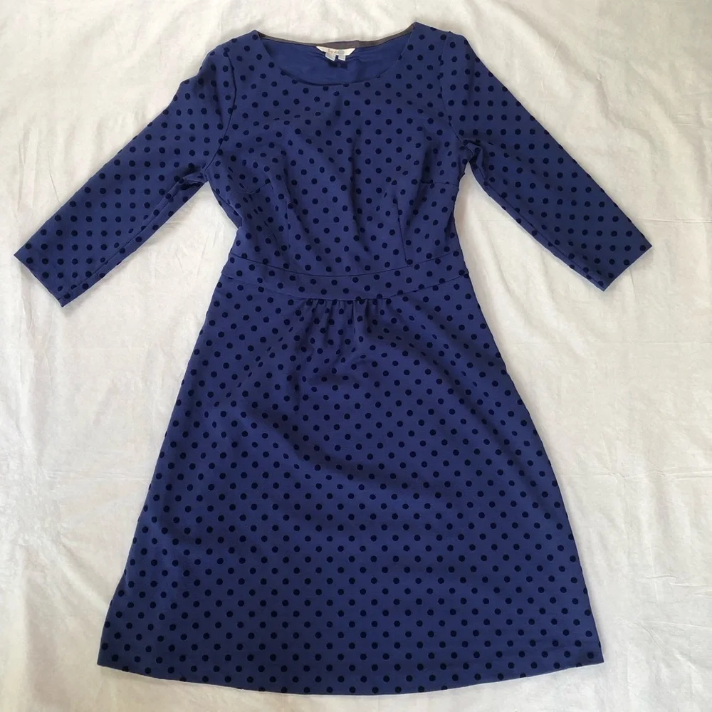 Boden Blue Polka Dot Dress with 3/4 Sleeves Size 10L